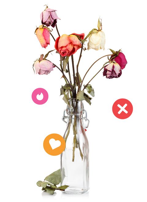 a bouquet of dead roses with online dating icons