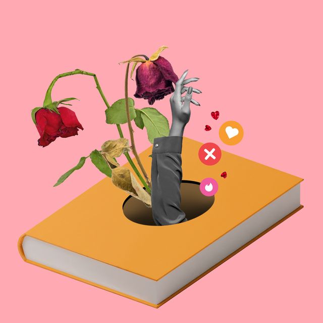 a hand and dead flowers reaching out of a book