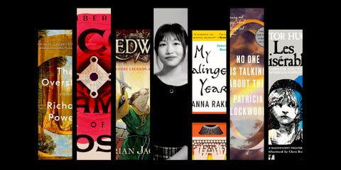 a headshot of author rf kuang alongside cover images of her recommended books