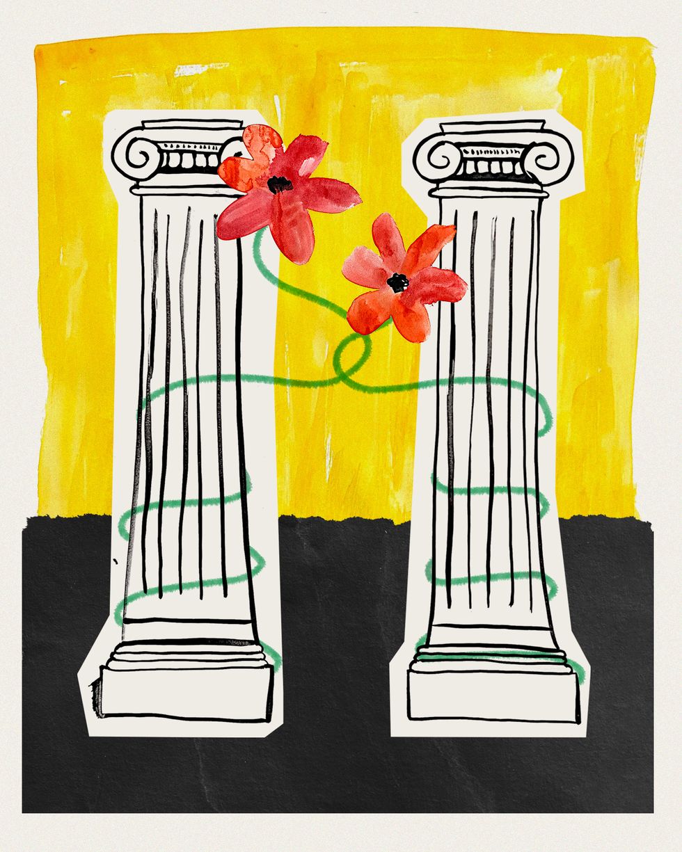 greek pillars with two flowers intertwining