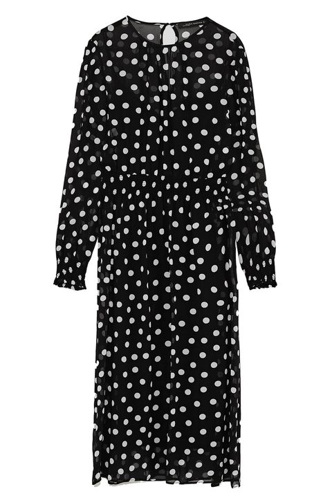 Clothing, Pattern, Black, Polka dot, Day dress, Sleeve, Dress, Design, Outerwear, Cover-up, 