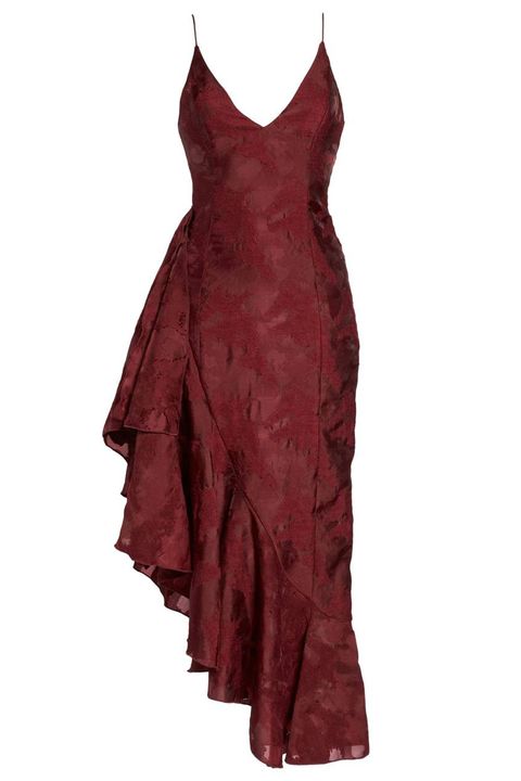 Clothing, Dress, Day dress, Cocktail dress, Maroon, One-piece garment, Satin, Gown, Textile, Formal wear, 