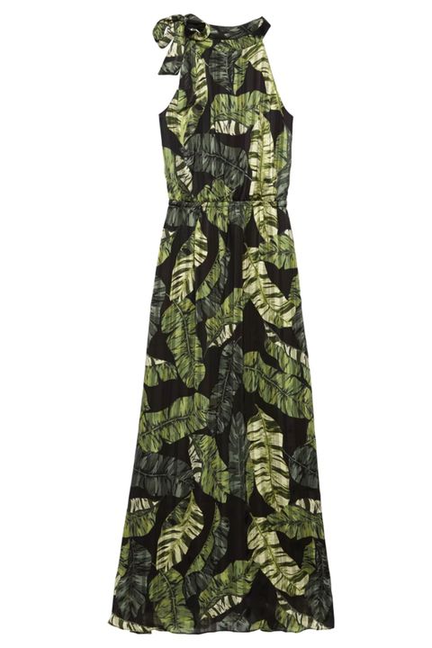Clothing, Dress, Day dress, Green, Pattern, Gown, Strapless dress, Costume design, Camouflage, Sleeve, 