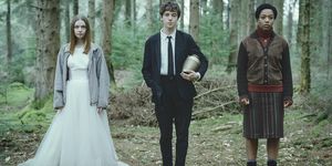 Trousers, Coat, Photograph, Outerwear, Dress, Formal wear, Forest, Suit, People in nature, Wedding dress, 