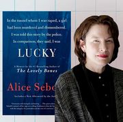 portrait of alice sebold along with a silhouette of a man and the cover of lucky