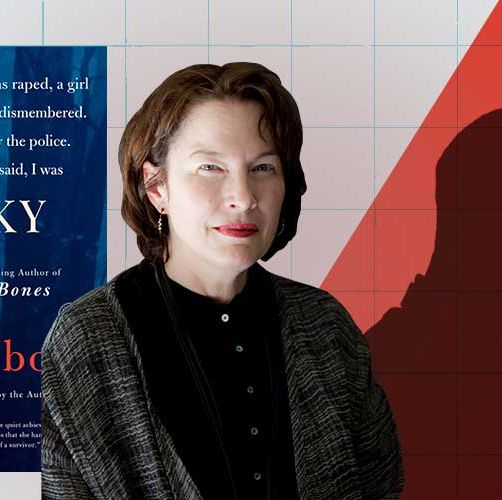 a portrait of author alice sebold along with a silhouette of a man and the cover of lucky