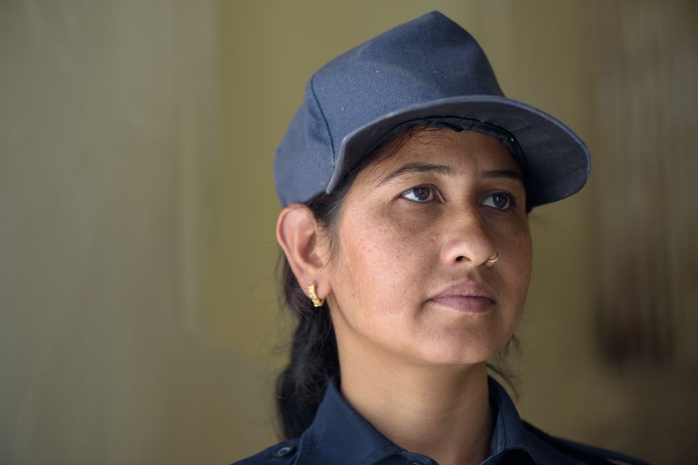 Jhooma Mena, 29, a member of the lady patrol unit of Jaipur police at the Jaipur police commissionerate on 20th April, 2018.