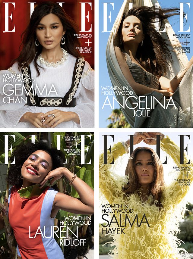 four covers of elle are shown featuring lauren ridloff salma hayek angelina jolie and gemma chan