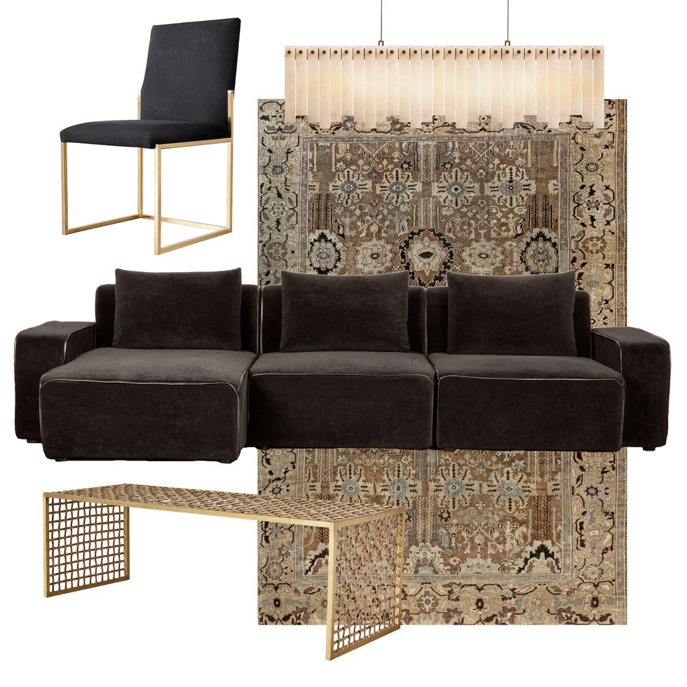 chair, rug, chandelier, sofa, cocktail table