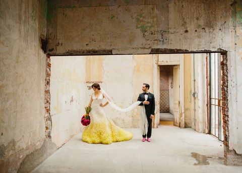 Photograph, Bride, Yellow, Dress, Wedding dress, Ceremony, Gown, Photography, Wedding, Bridal clothing, 