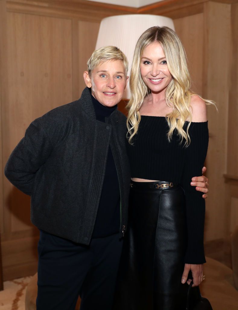 san francisco, california march 17l r ellen degeneres and portia de rossi are seen as rh celebrates the unveiling of rh san francisco, the gallery at the historic bethlehem steel building on march 17, 2022 in san francisco, california photo by kelly sullivangetty images for rh