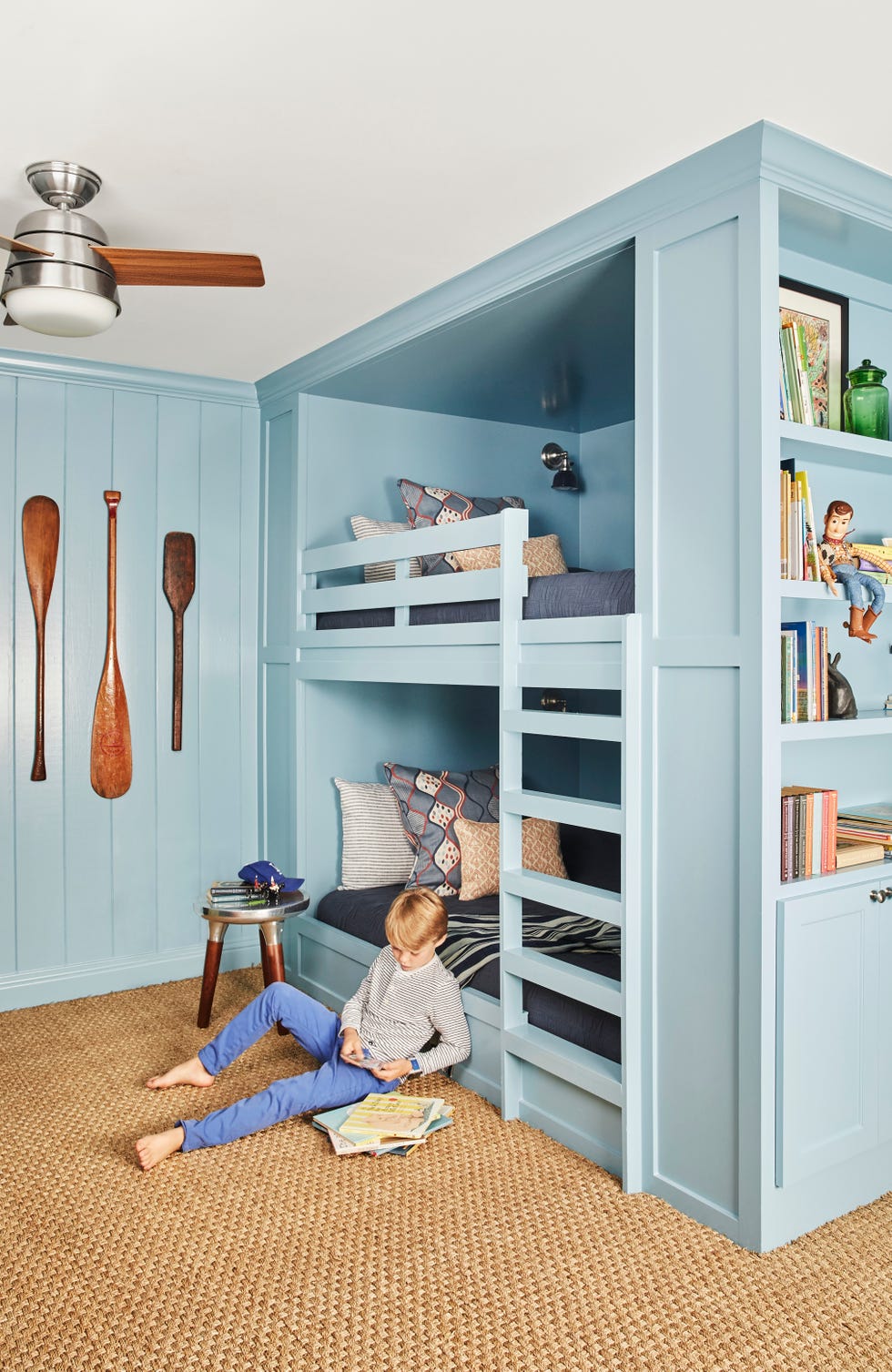 child's bedroom with built in bunk beds blue paint aquitaine by sherwin williams