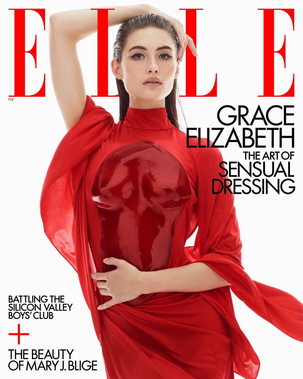 model grace elizabeth poses on the elle cover in a red dress