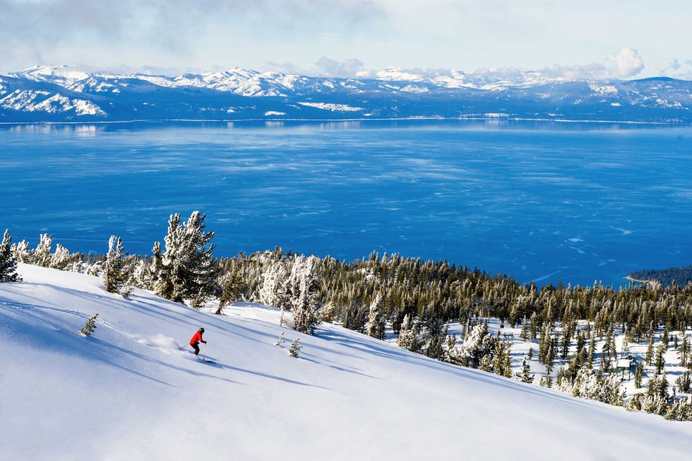 a view of lake tahoe from the top of a heavenly's ski mountain