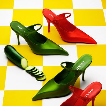 a group of green and red shoes on a yellow and white checkerboard background