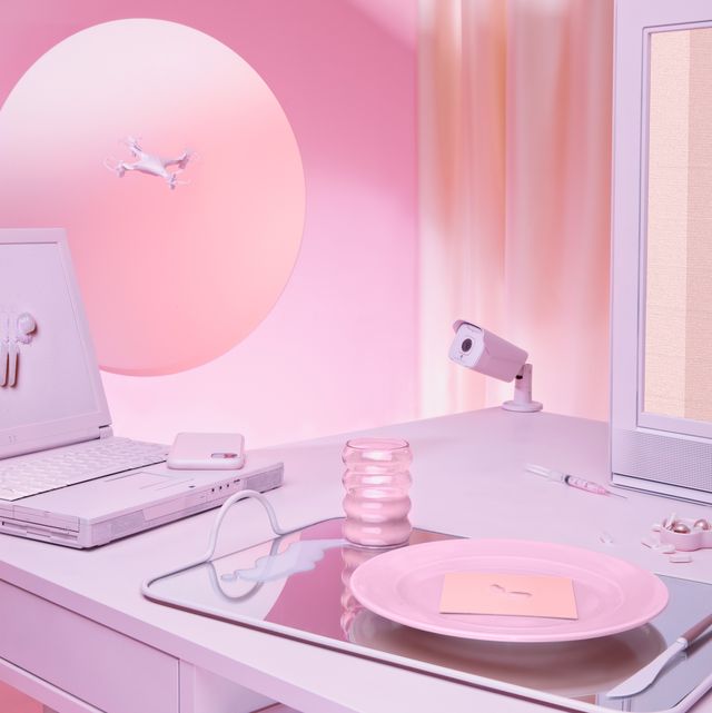 millennial pink computer, drone, mirror, and surveillance camera