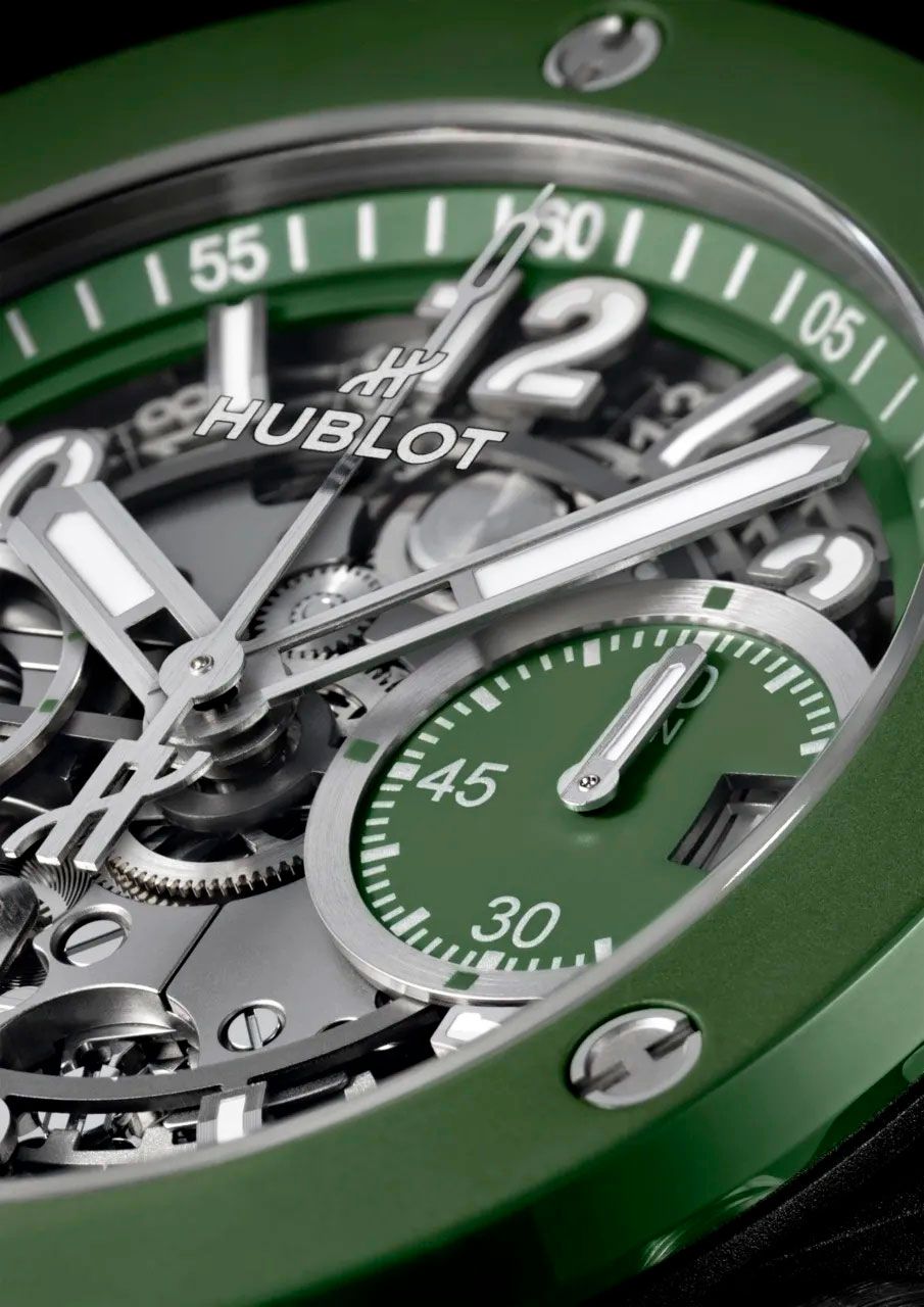 a close up of a green watch face