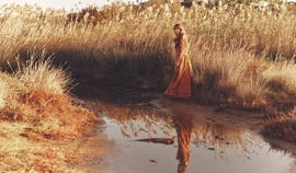 a person in a dress standing in a swamp