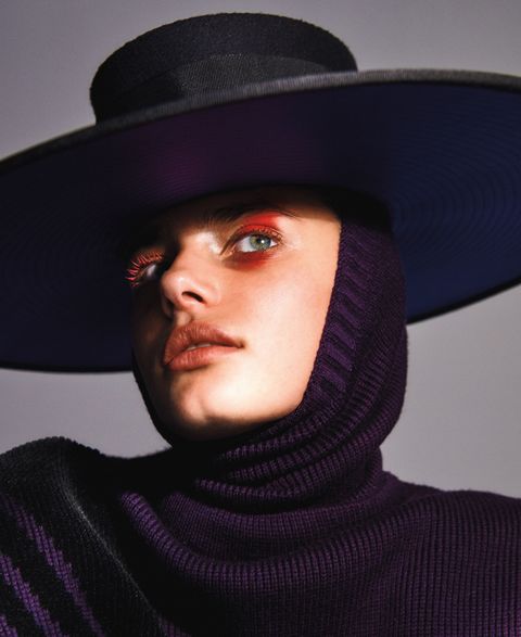 Face, Hat, Lip, Purple, Beauty, Head, Chin, Fashion, Headgear, Fashion accessory, 