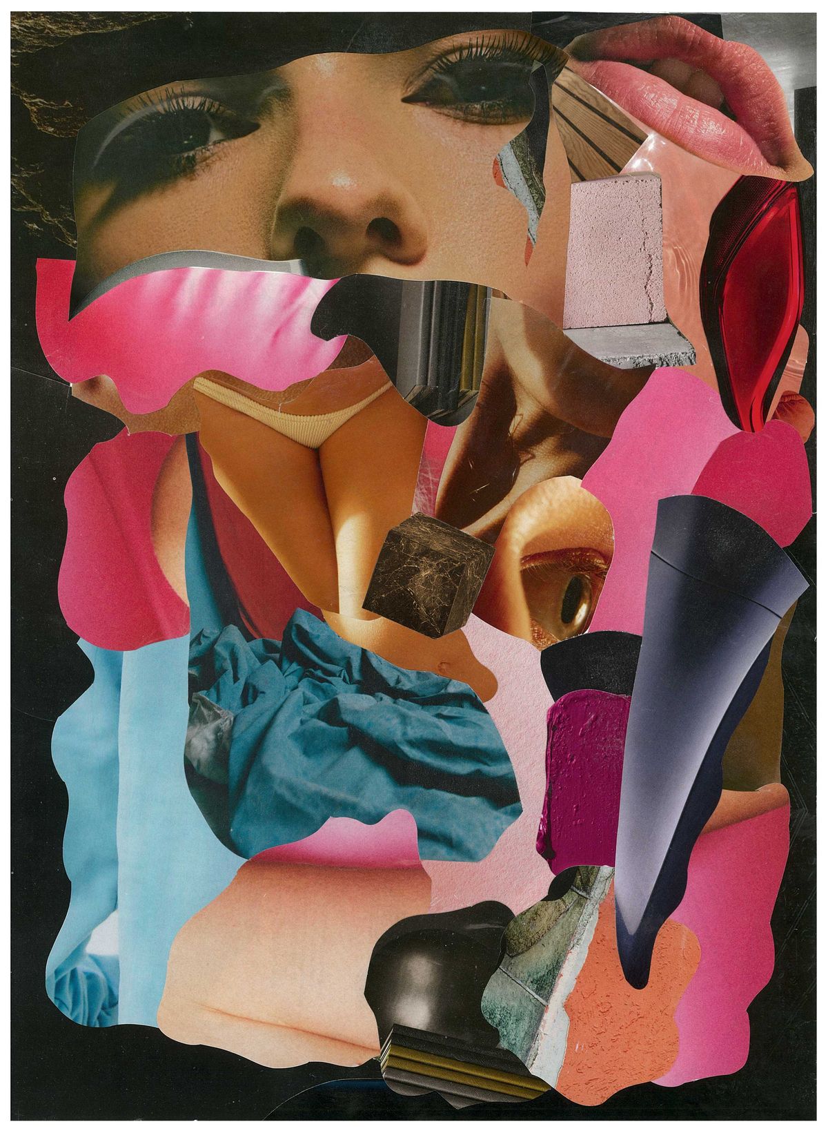 a collage of images of a woman's face and anatomy, fabric, and pigment