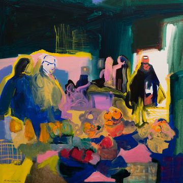 a detail from karimah hassan's whitechapel market triptych painting 2021