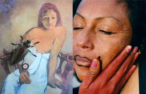 artwork depicting an insect crawling across a painted portrait of a girl next to an image of a woman's face held by a hand