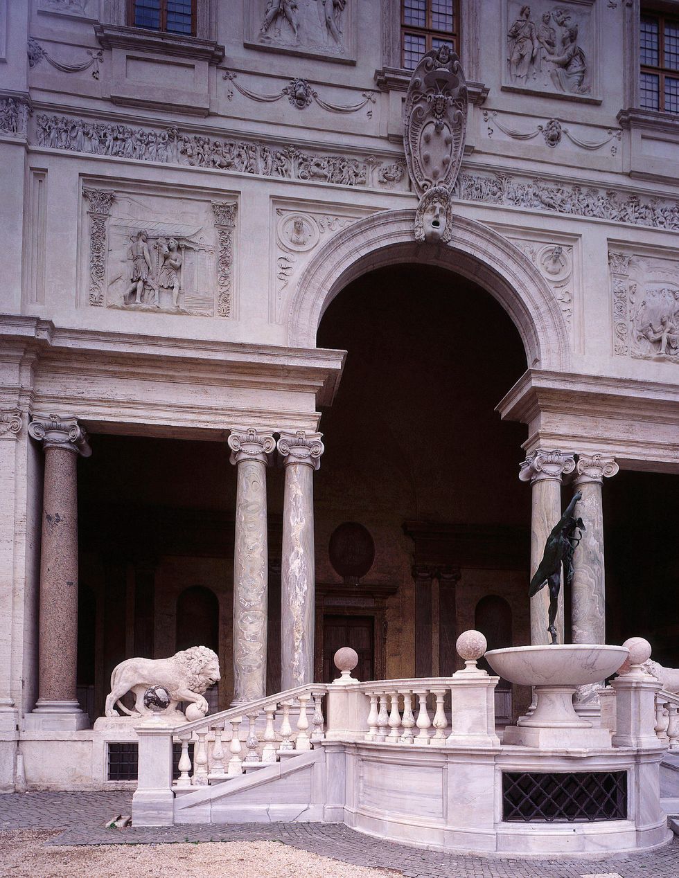 lion loggia facing gardens, villa medici, 1576, architect bartolomeo ammannati, 1511 92 italian, rome, italy, with copy of bronze mercury by giambologna