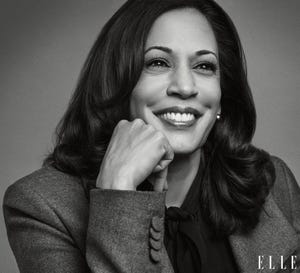 kamala harris lachend gefotografeerd in zwart wit door inez van lamsweerde en vinoodh matadin