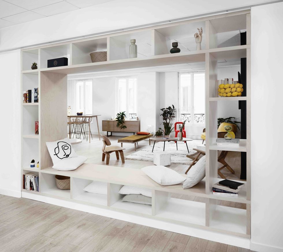 Furniture, White, Room, Interior design, Shelf, Living room, Property, Table, Shelving, Building, 