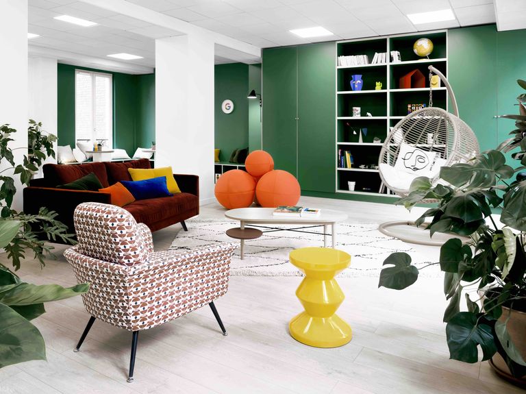 Living room, Room, Interior design, Furniture, Green, Orange, Property, Yellow, Home, Building, 