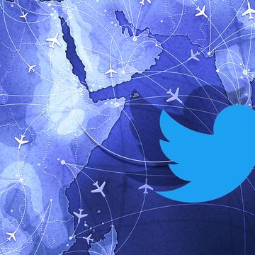 twitter logo with blue flight paths on the globe in the background