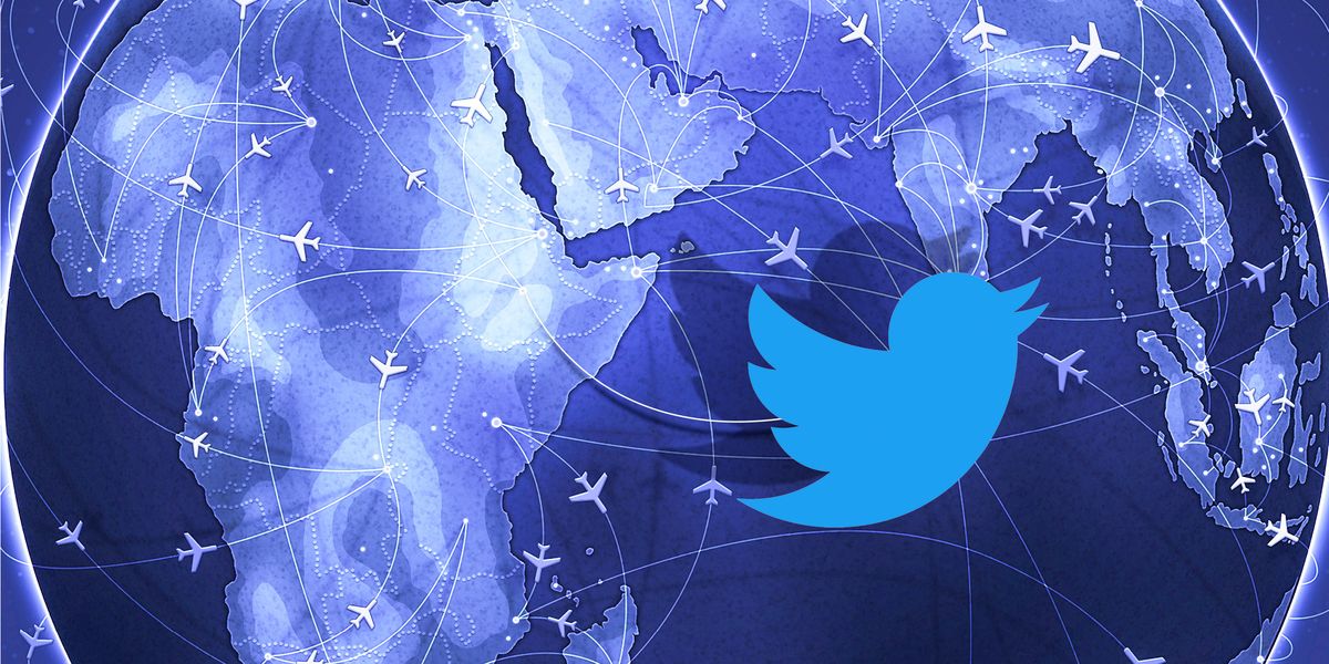 twitter logo with blue flight paths on the globe in the background