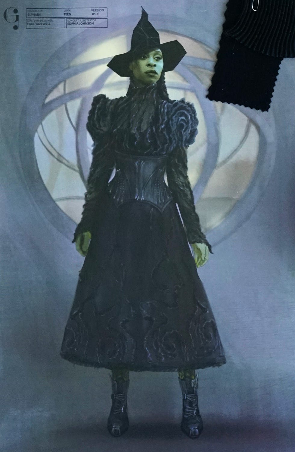 concept art for a character featuring a figure in a dark elaborate costume with a large pointed hat