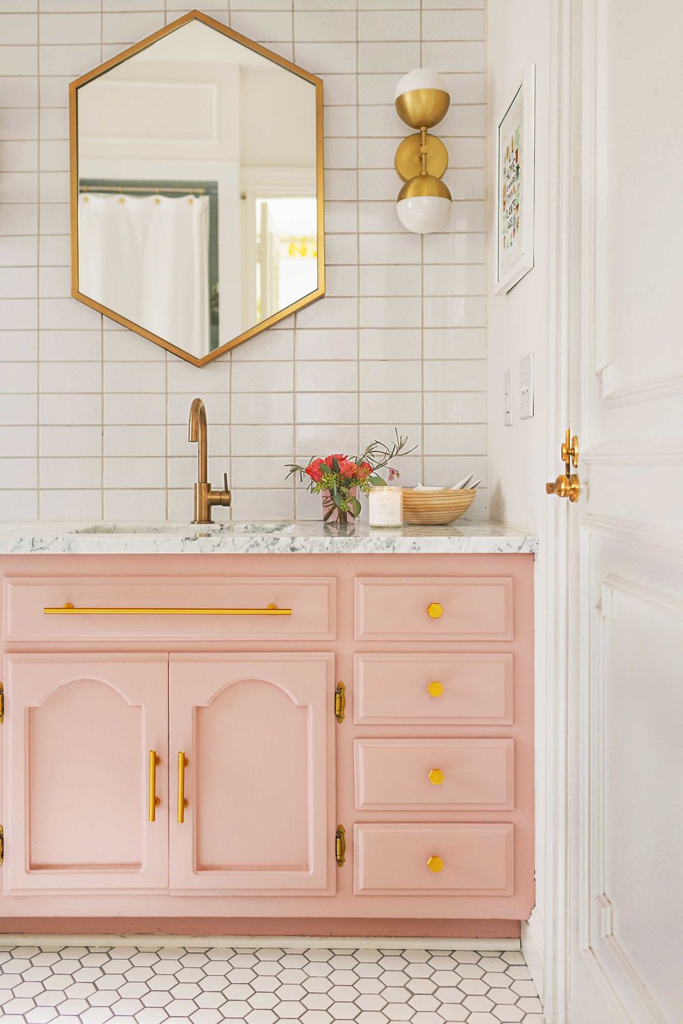 bathroom paint colors, peachy pink vanity with white tile walls