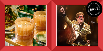 gold holiday candle, elton john on stage, black friday cyber monday sale