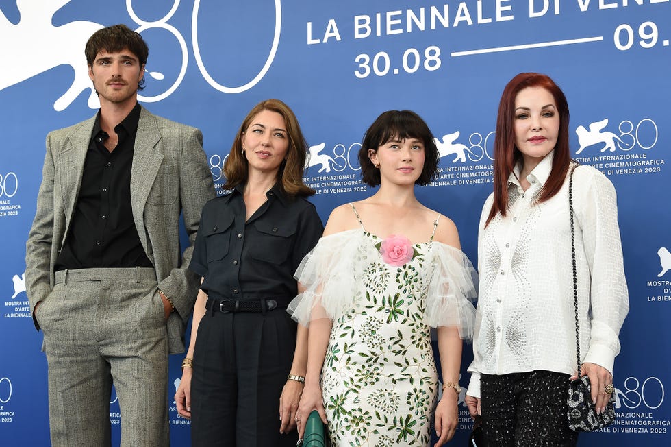80th Venice International Film Festival 2023 American film director, screenwriter, actress and producer Sofia Coppola, American actress and singer Cailee Spaeny, Australian actor Jacob Elordi and American actress Priscilla Presley at the 80th Venice International Film Festival 2023 Photocall Priscilla in Venice Italy, September 4, 2023 Photo by Marilla SiciliaArchivio Marilla CeciliaMondadori Portfolio via Getty Images