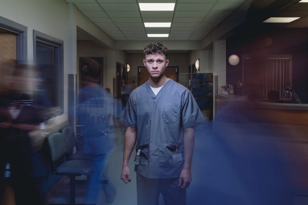 jacob gallagher wears scrubs on the special episode of emmerdale