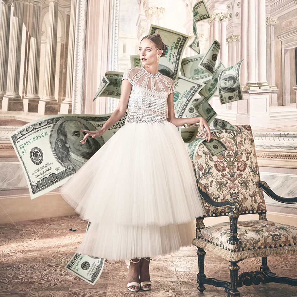 fashion forward bride in italian villa with dollar bills designed around her