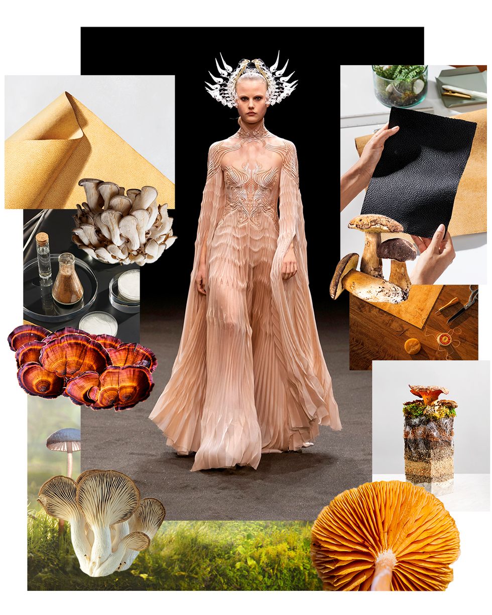 collage of iris van herpen gown worn by model walking down the runway, faux leather, and mushrooms