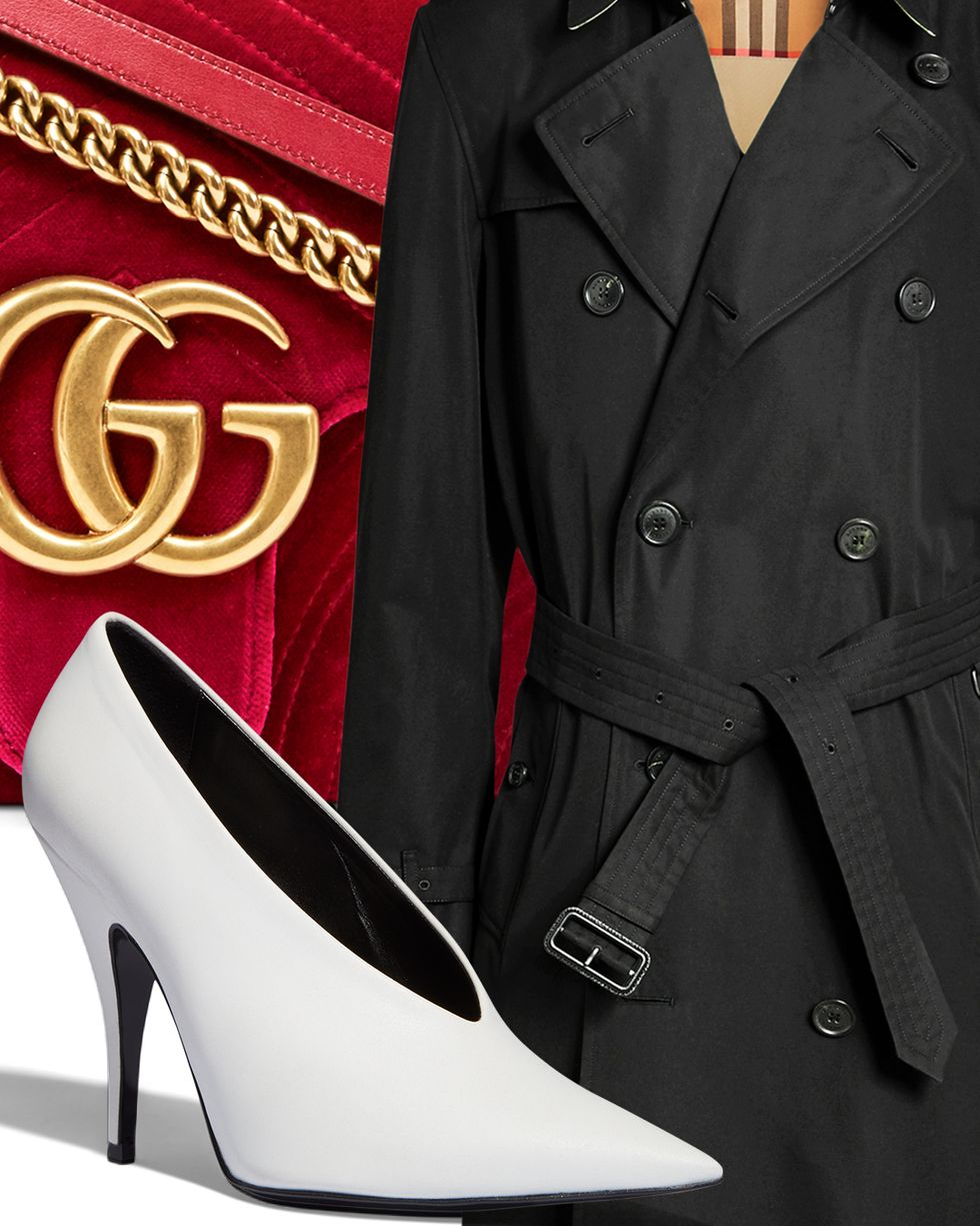 collage of shoe, trench coat, and bag