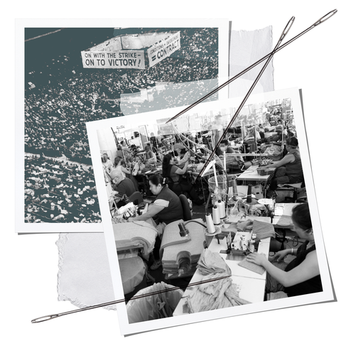 collage with two pictures, one showing a crowded auditorium with a banner overhead that reads "on with the strike on to victory," and other of a cramped garment factory