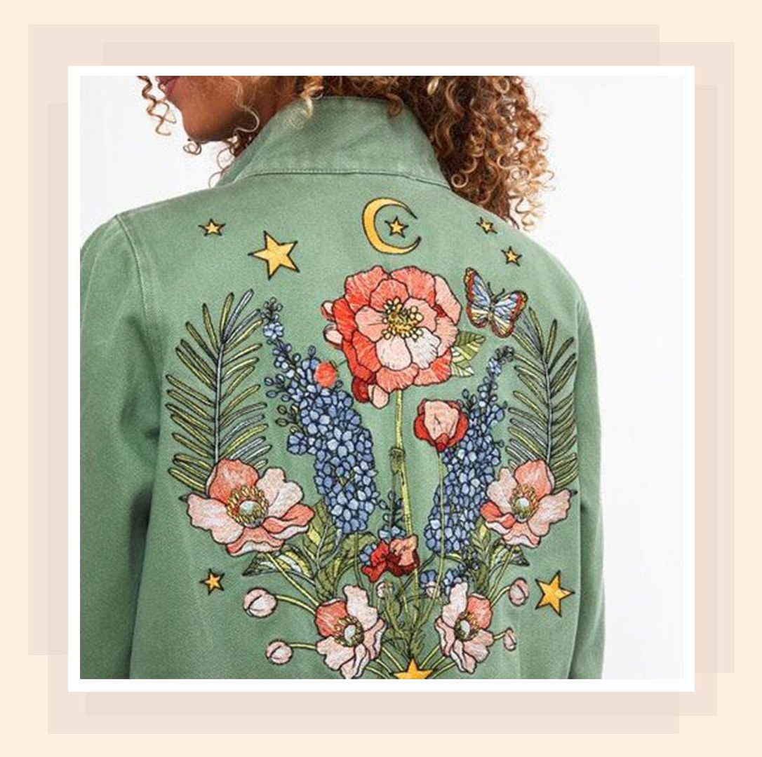 Floral Embroidery Drop Shoulder Denim Coat