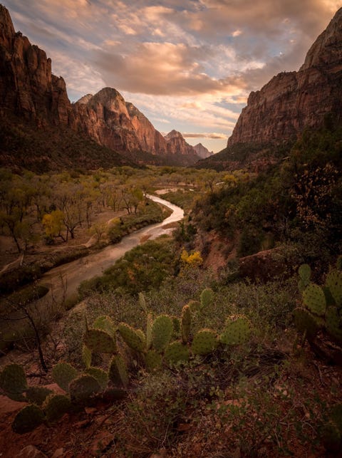 Fotogalerie10Tot mijn 26e had ik nooit een camera Toen ik de National Parks van Utah ging bezoeken besloot ik er een te kopen en fotos te gaan nemen Zion National Park was het eerste park dat ik ooit bezocht en ik bleef er steeds weer terugkomen Er valt nog zoveel te ontdekken in deze uitgestrekte wildernis Ooit zal ik mijn angst voor water overwinnen en de Narrows ingaan Maar tot die tijd houd ik het bij bergen Deze foto van een zonsondergang maakte ik tijdens een wandeling over het Emerald Lakes trail De kleinste bergtop is die van de Watchman
