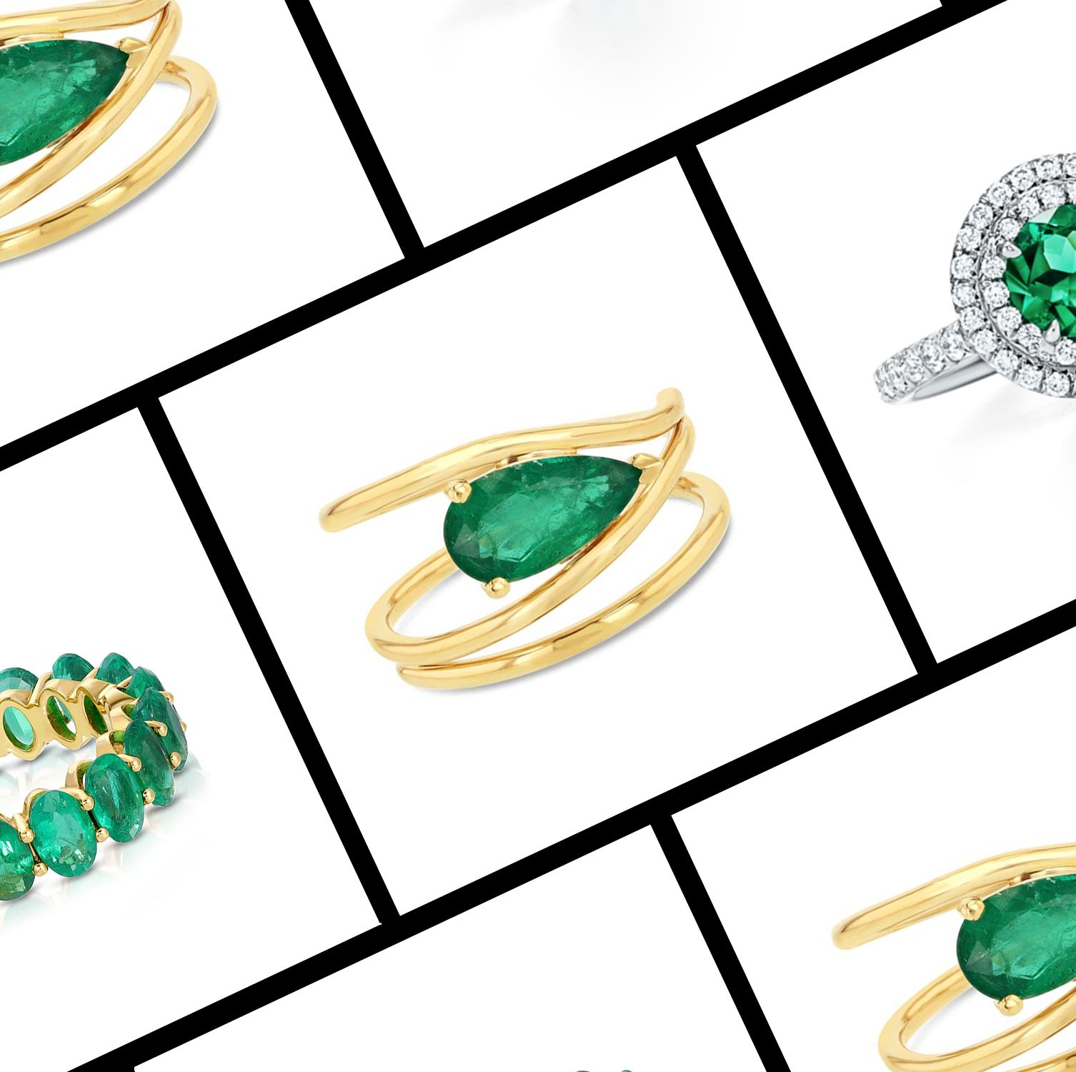 several engagement rings with emeralds in a roundup of emerald engagement rings 2022