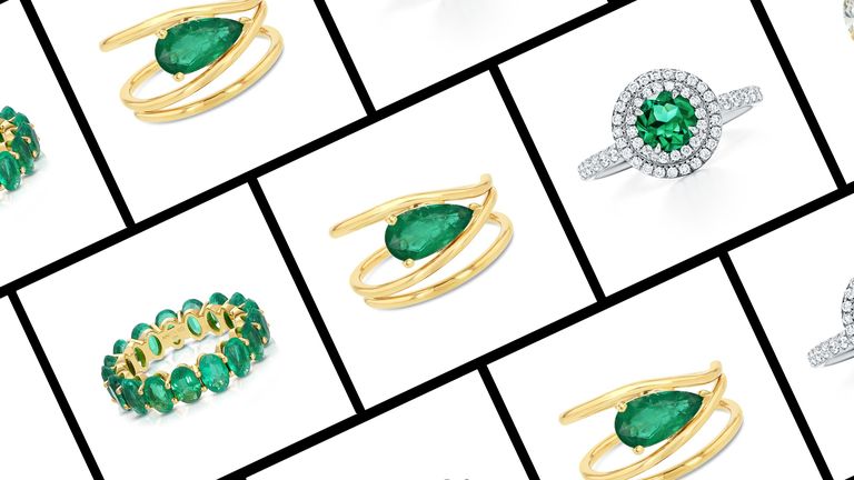 several engagement rings with emeralds in a roundup of emerald engagement rings 2022