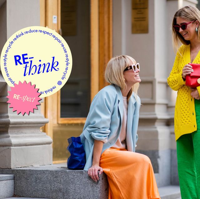 stockholm, sweden   august 28 emili sindlev wearing yellow knit cardigan, green wide leg pants, burberry clutch and jeannette madsen wearing orange midi skirt, ankle boots, light blue blazer, navy clutch seen during stockholm runway ss19 on august 28, 2018 in stockholm, sweden photo by christian vieriggetty images