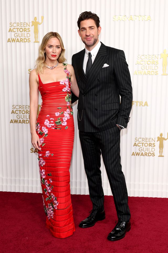 Emily Blunt Wears Red Bandage Dress With John Krasinski at SAG Awards 2023