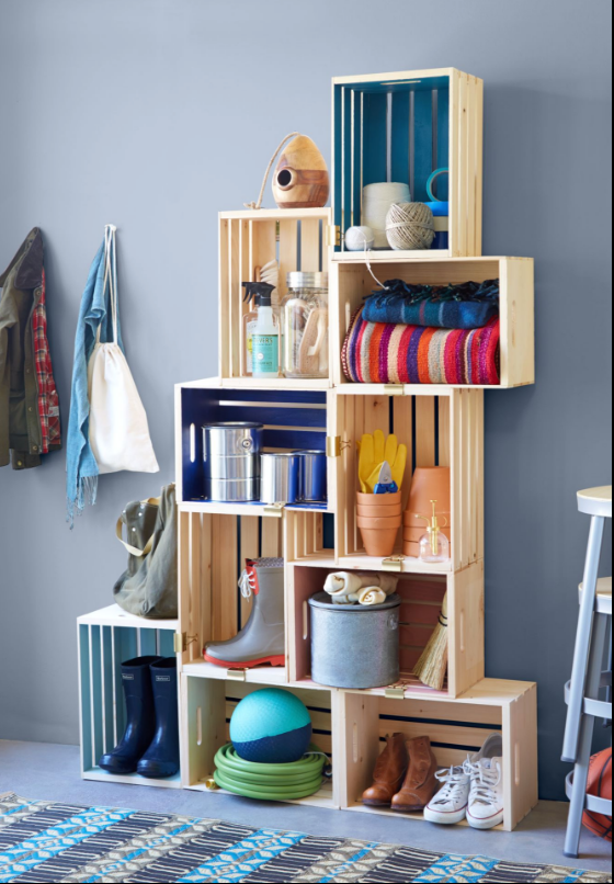 mudroom wood crate organizer and shelves