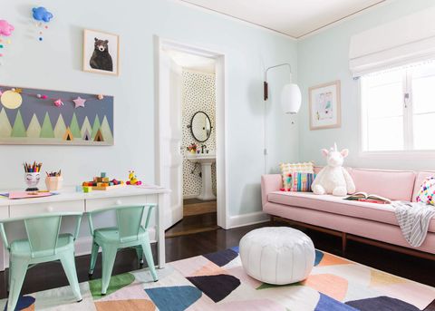 Room, Furniture, Interior design, Living room, Property, Blue, Pink, Turquoise, Wall, Bedroom, 