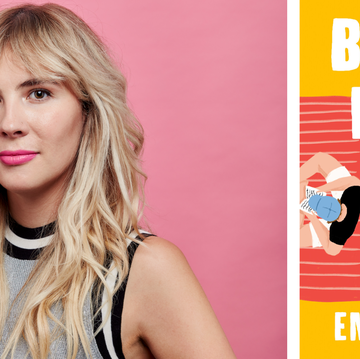 a headshot of emily henry next to an image of the cover of beach read